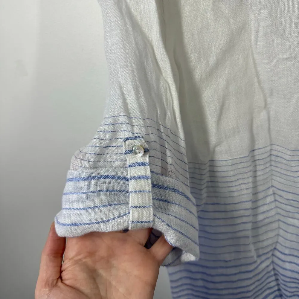 Saint Tropez West 100% Linen Tunic Top Women Size M White Blue Stripes Coastal - Image 6