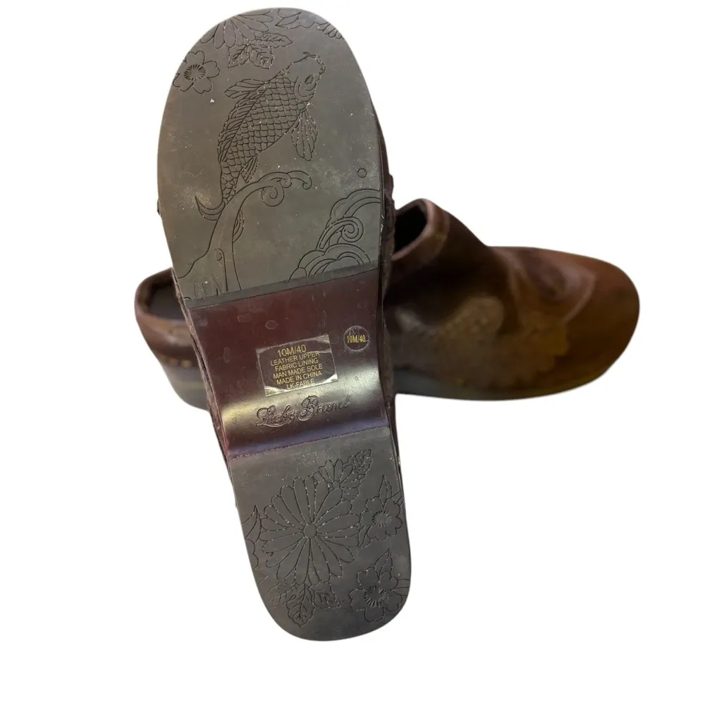 Vintage 90's  Peace Sign Brown Suede Wood Mule Clogs- Women's Size 10 - Image 7