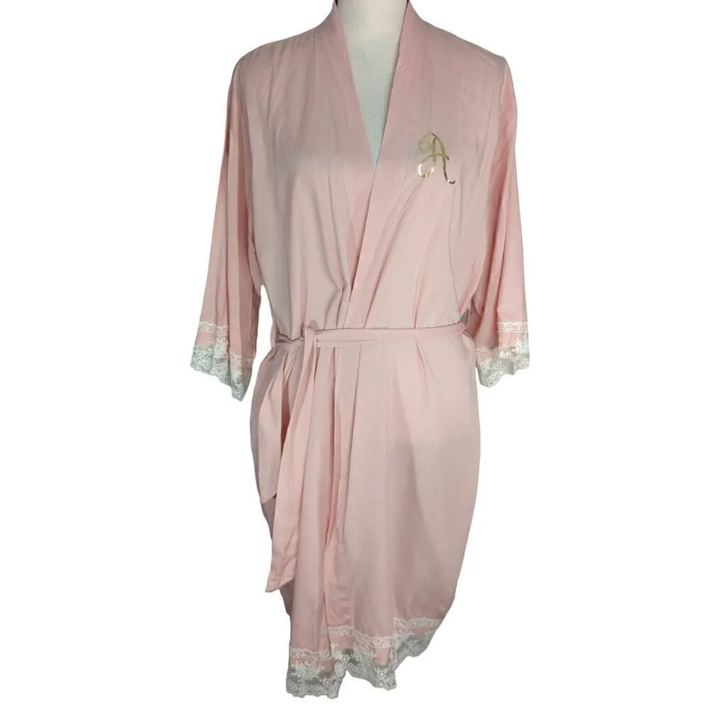 Womens Pink Lace Trimmed Hem “A” Initial Night Robe One Size Pink Size undefined - Image 9