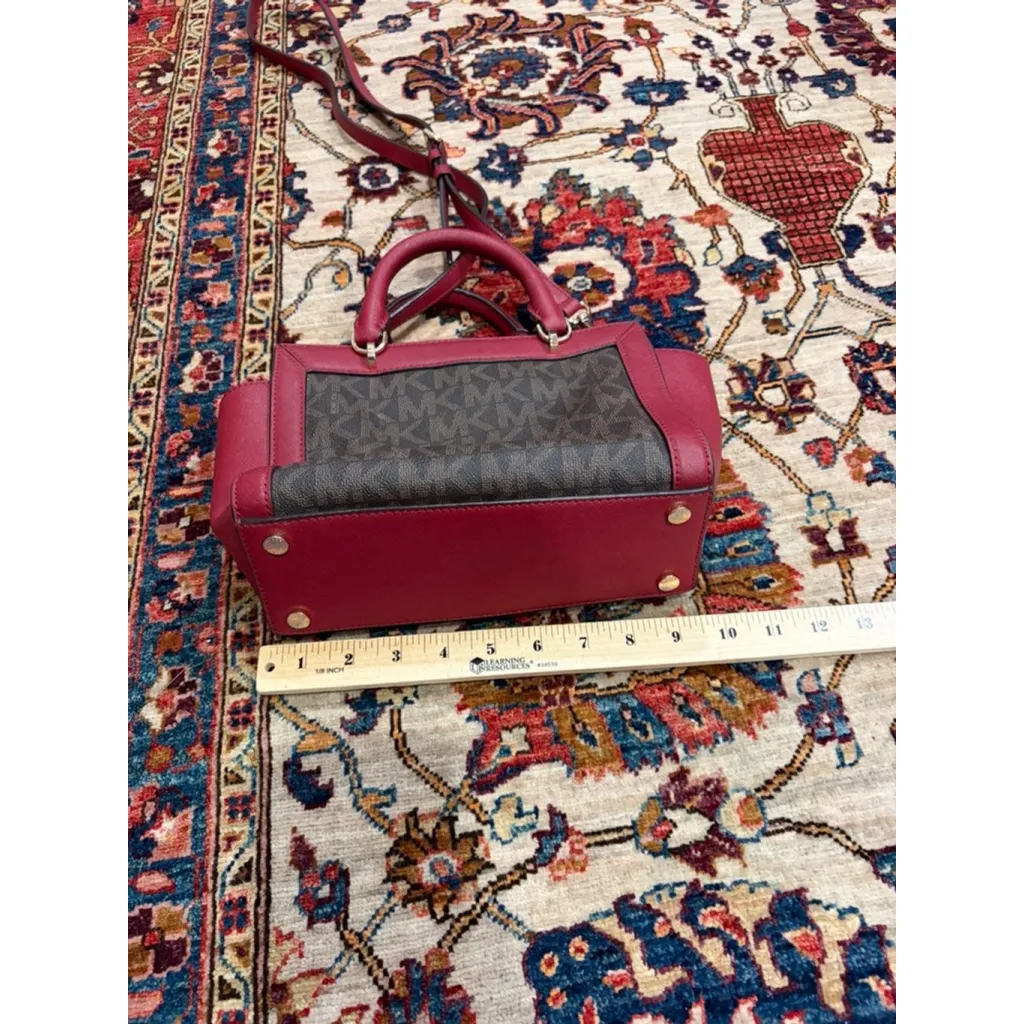 Michael Kors Hamilton Small Satchel Crossbody Logo Canvas Burgundy Leather flaw - Image 5