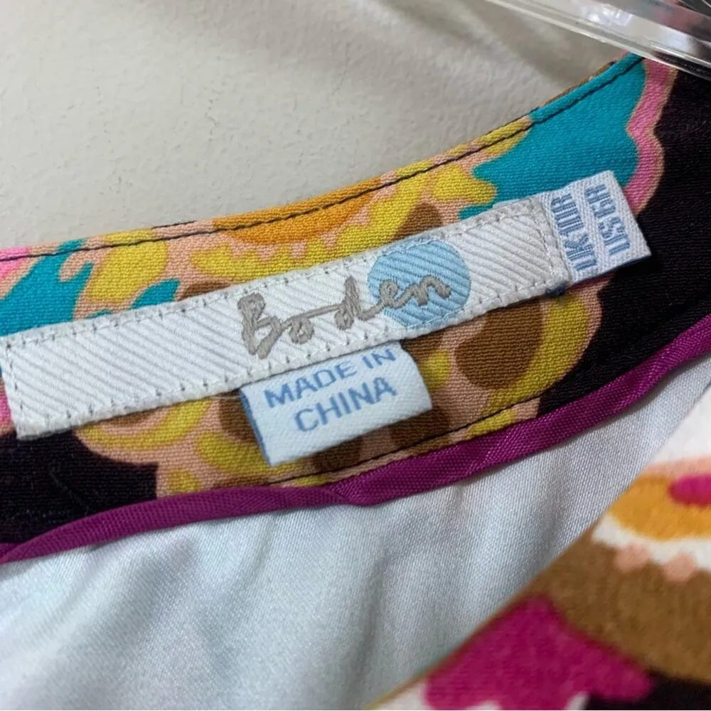 Boden Retro Floral 70s Colorful 3/4 Sleeve Mini Cream/Pink/Brown Dress Size 6 - Image 2