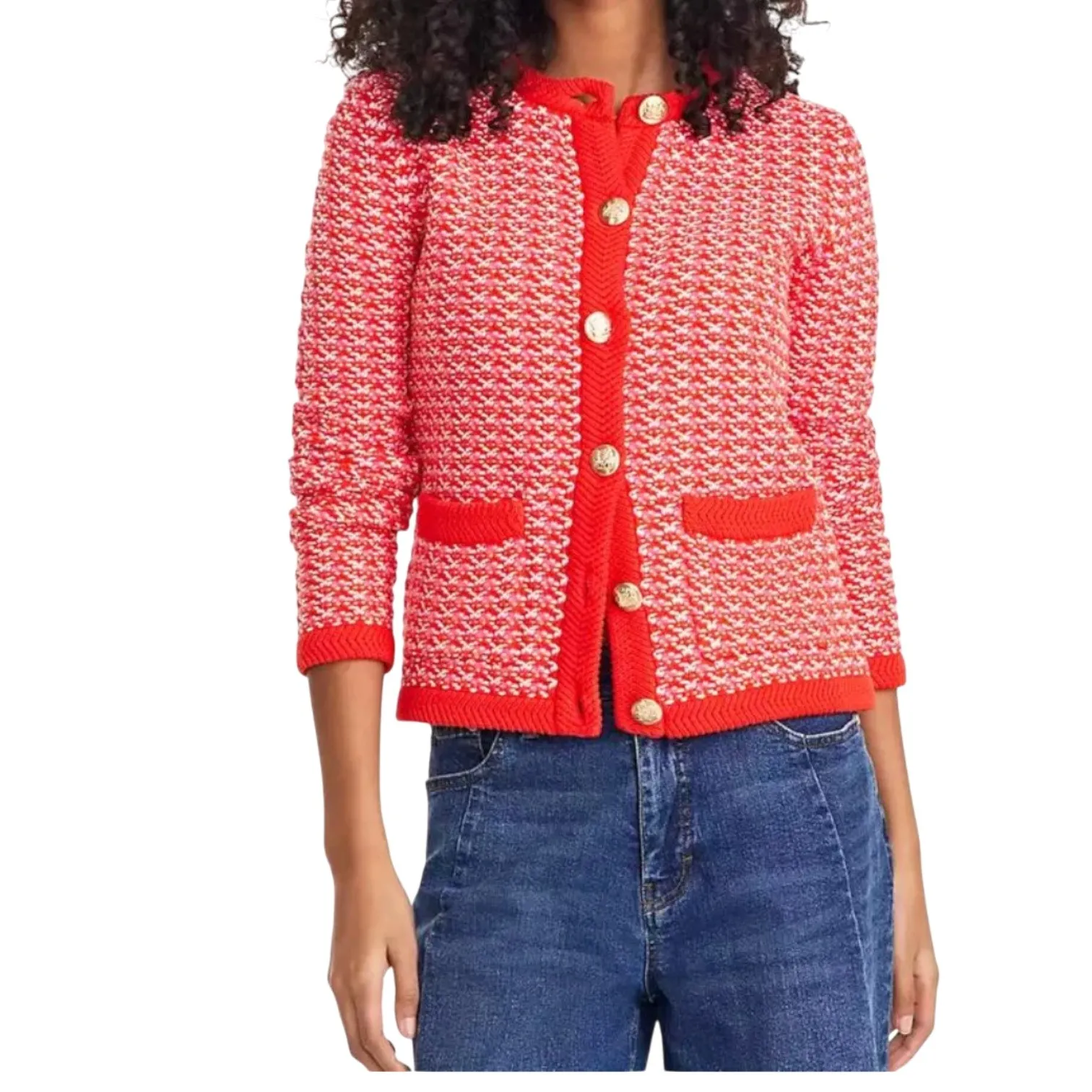 On 34th Women's Patterned Jacquard Cardigan XL 100% Cotton Preppy Knit Sweater Red Size M - Image 2