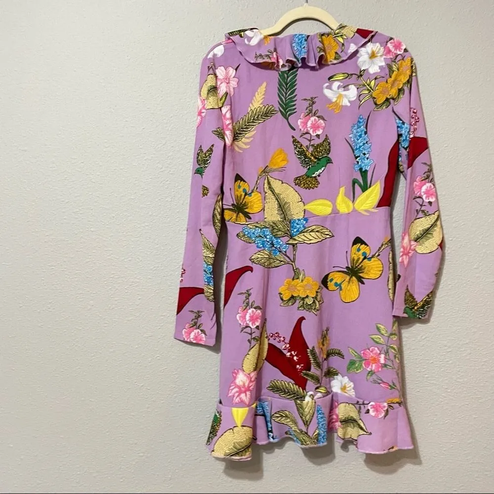Romeo & Juliet Couture Purple Floral & Bird Print Ruffle Mini Dress Womens M - Image 3
