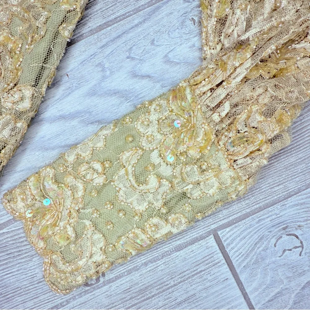 Vintage beaded sequin formal wedding dress tan cream high neck dress Size M - Image 10