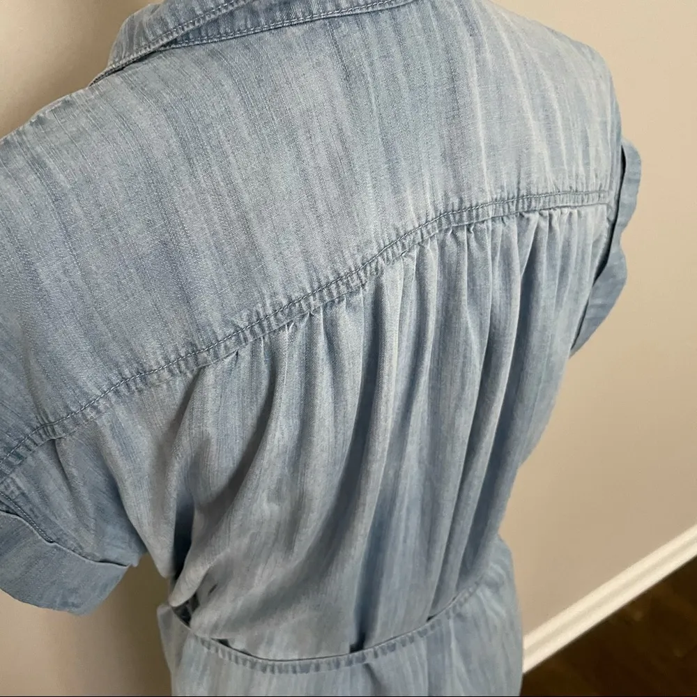 Dress Shirt Tunic Chambray Pockets Ruched Collar Belted Blue - Image 7