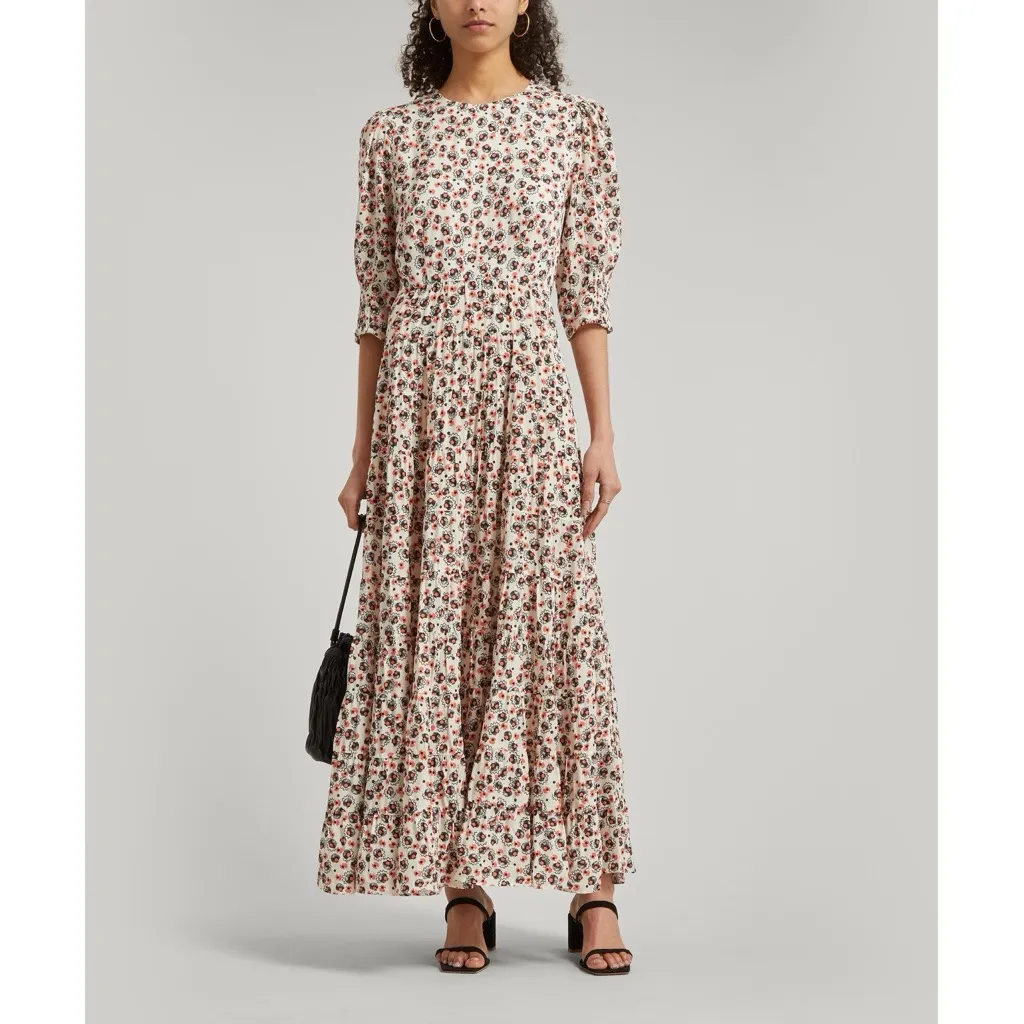 RIXO • Kristen Dress maxi rayon floral Shell Squiggle Coral puff sleeve tiered Orange Size M - Image 4