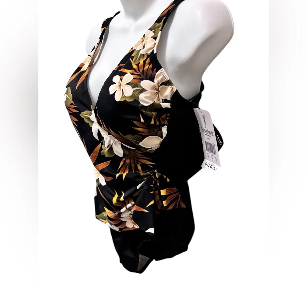 Miraclesuit Black Floral Faux Wrap Slimming One Piece Swimsuit Sz 12 Lose 10#’s - Image 2