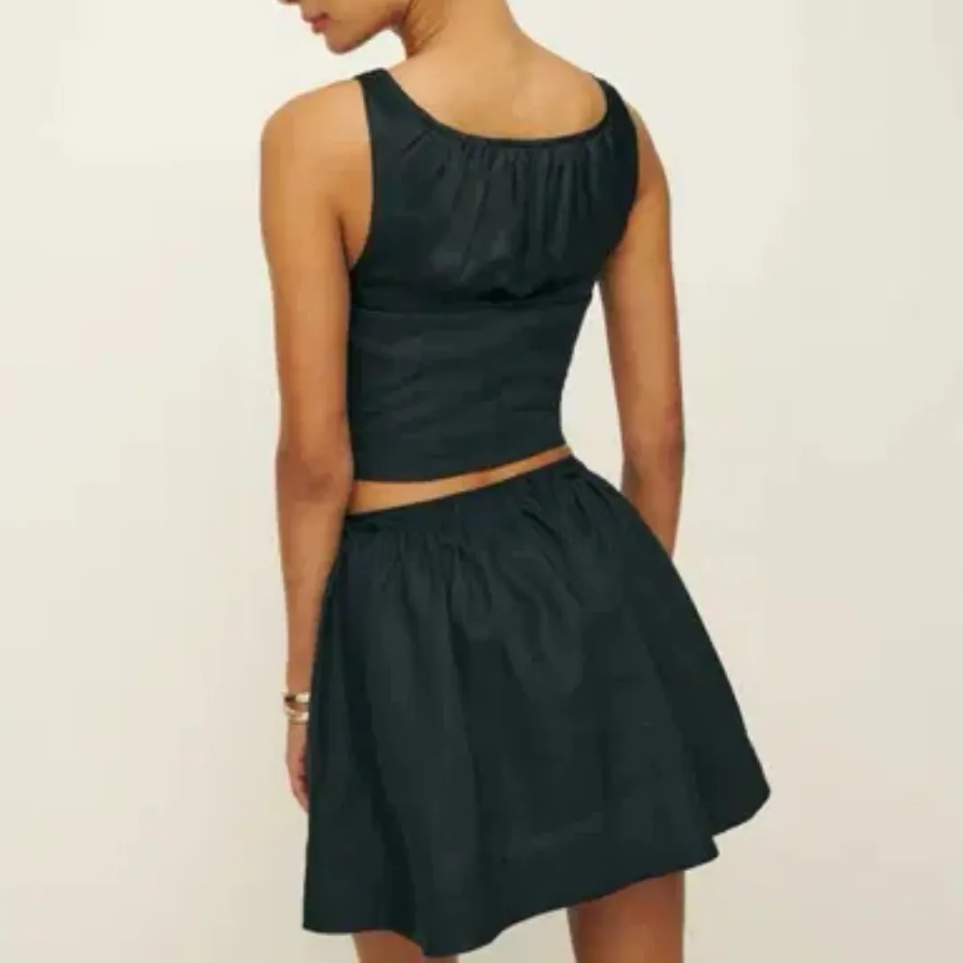 Reformation | Evy 100% Linen Corset Top‎ & Pleated Mini Skirt Set in Black - Image 4