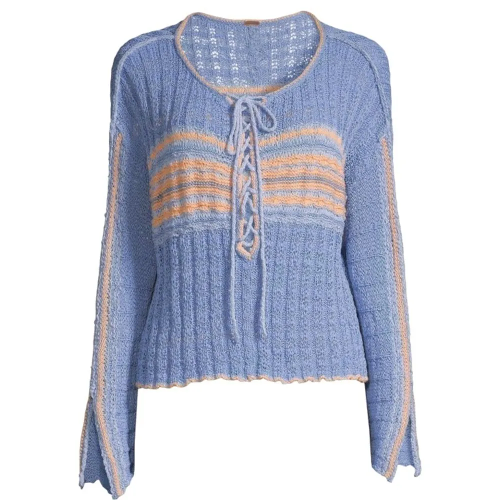 FREE PEOPLE Marina Bay Lace-Up Sweater in Sunset Combo Size Small Bell Sleeve - Image 8
