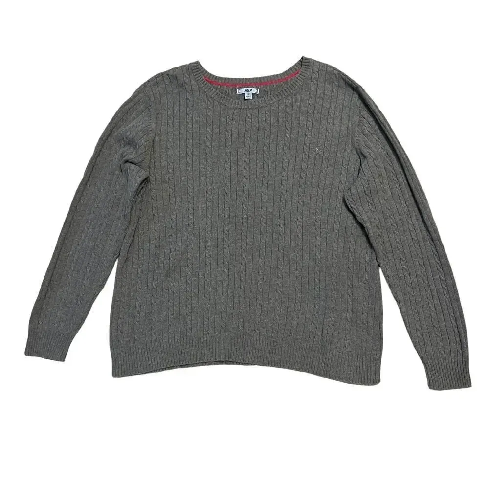 IZOD Women's Cable‎ Knit Sweater 1X Gray Crew Neck Pullover - Image 2
