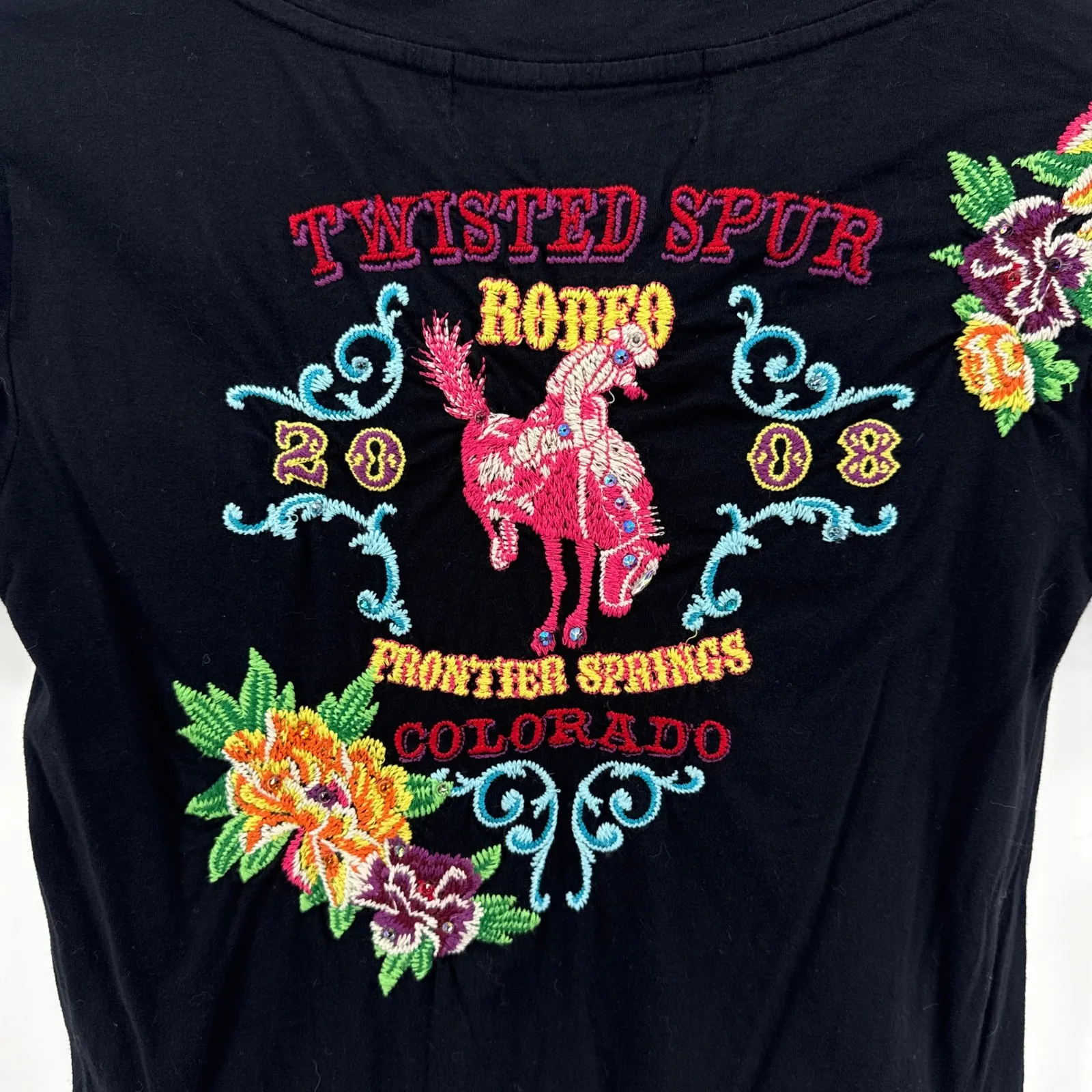 Johnny Was Twisted Spur Rodeo V-Neck Long Tee Shirt Womens Small Black Boho - Image 3
