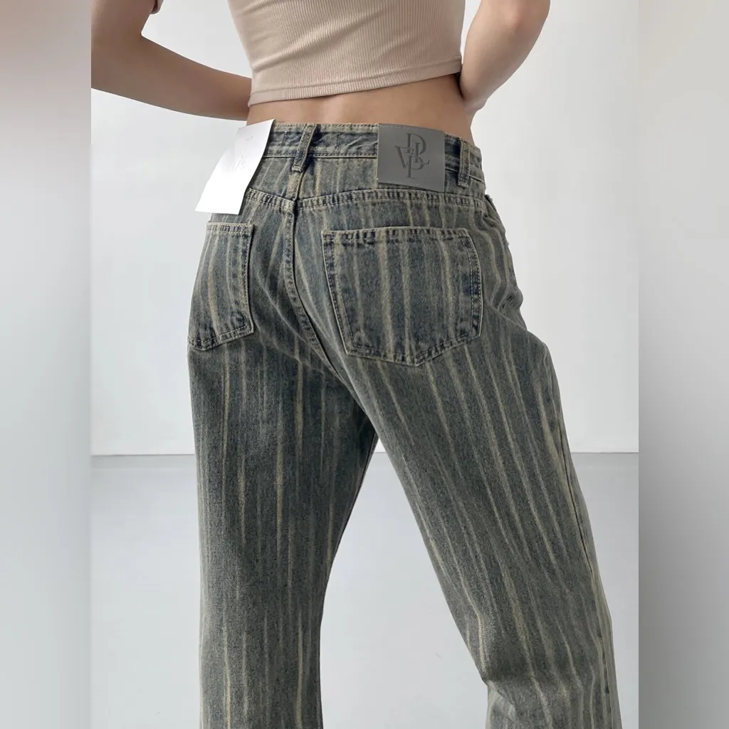 Y2K Vintage Washed Wide Leg Jeans Size Small Flare Striped Kawaii Retro Blue - Image 4