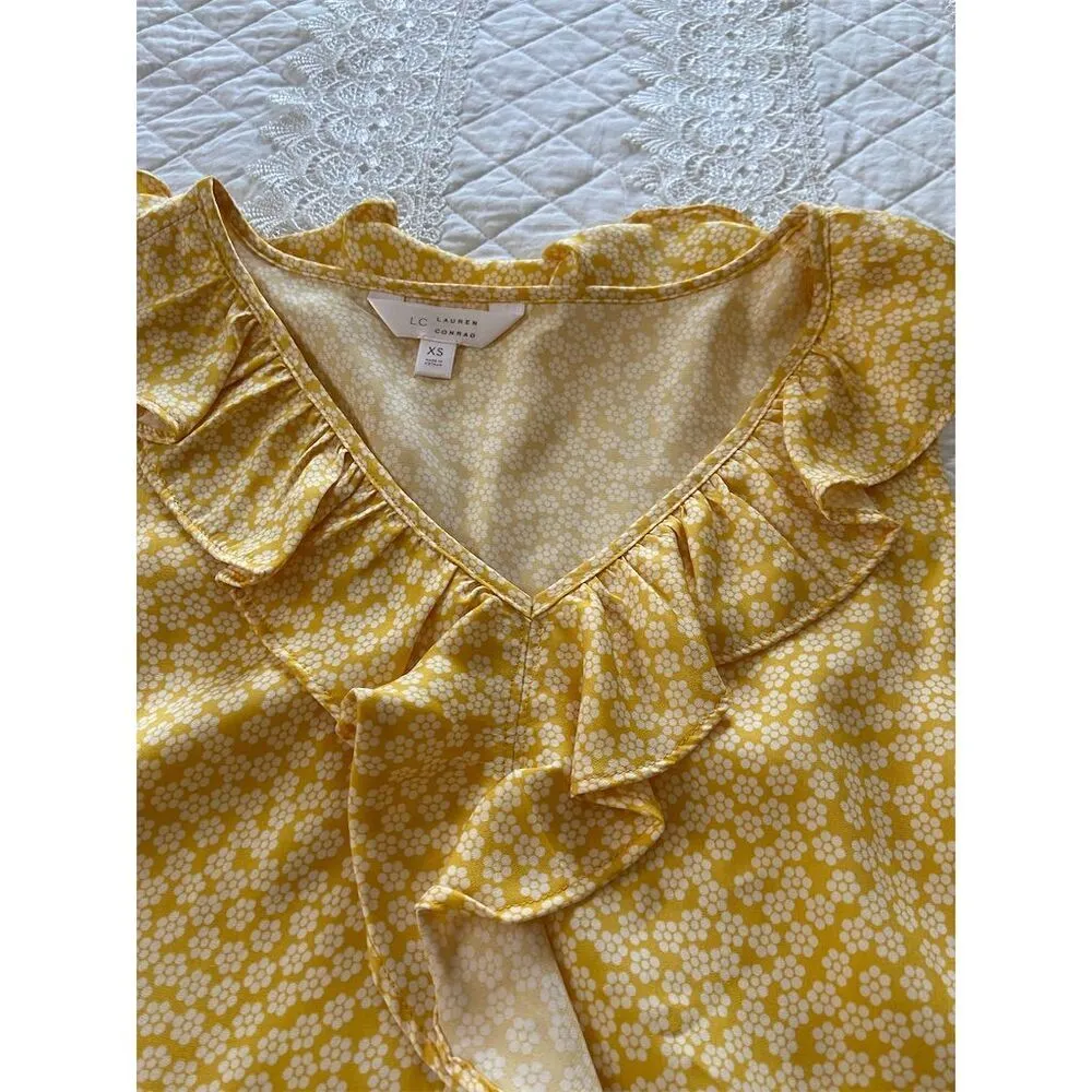 Lauren Conrad Floral Ruffle Tank Top Sleeveless Yellow V Neck Size XS - Image 6