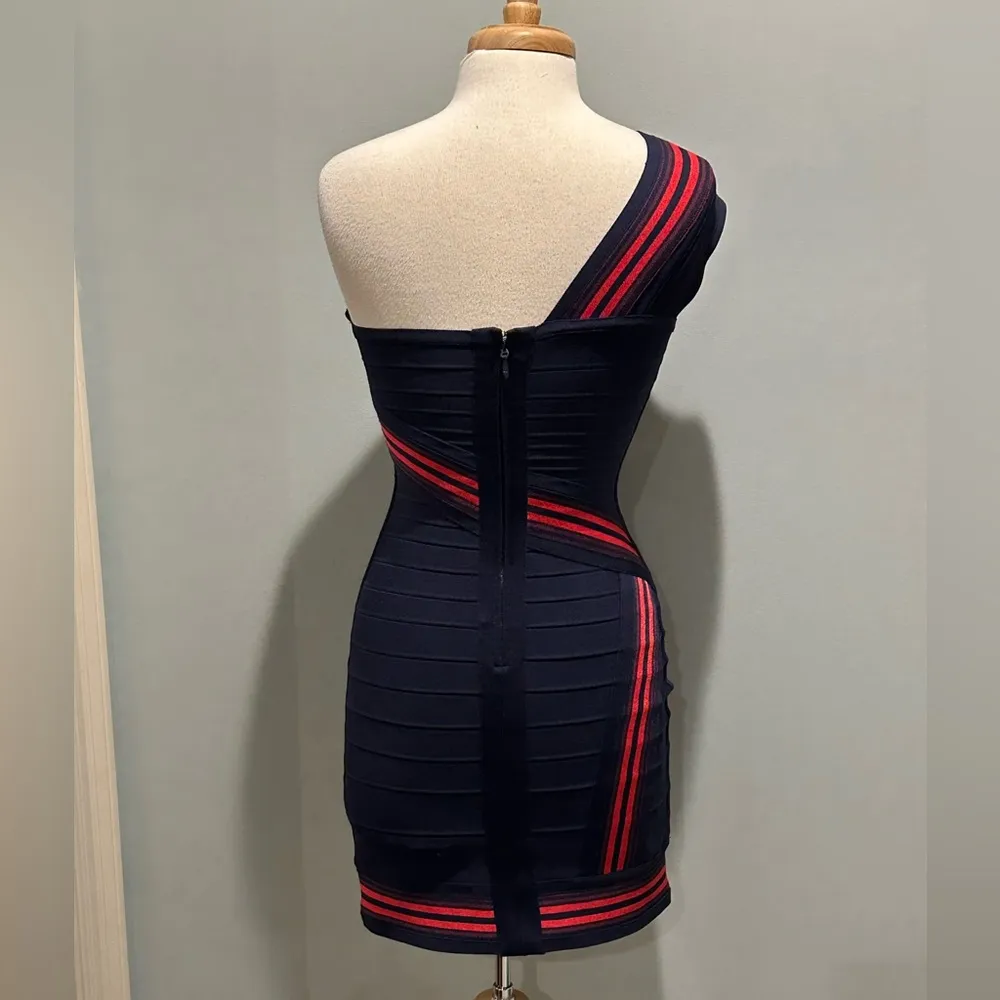 Herve Leger One Shoulder Striped bandage dress navy with red accents - Image 5