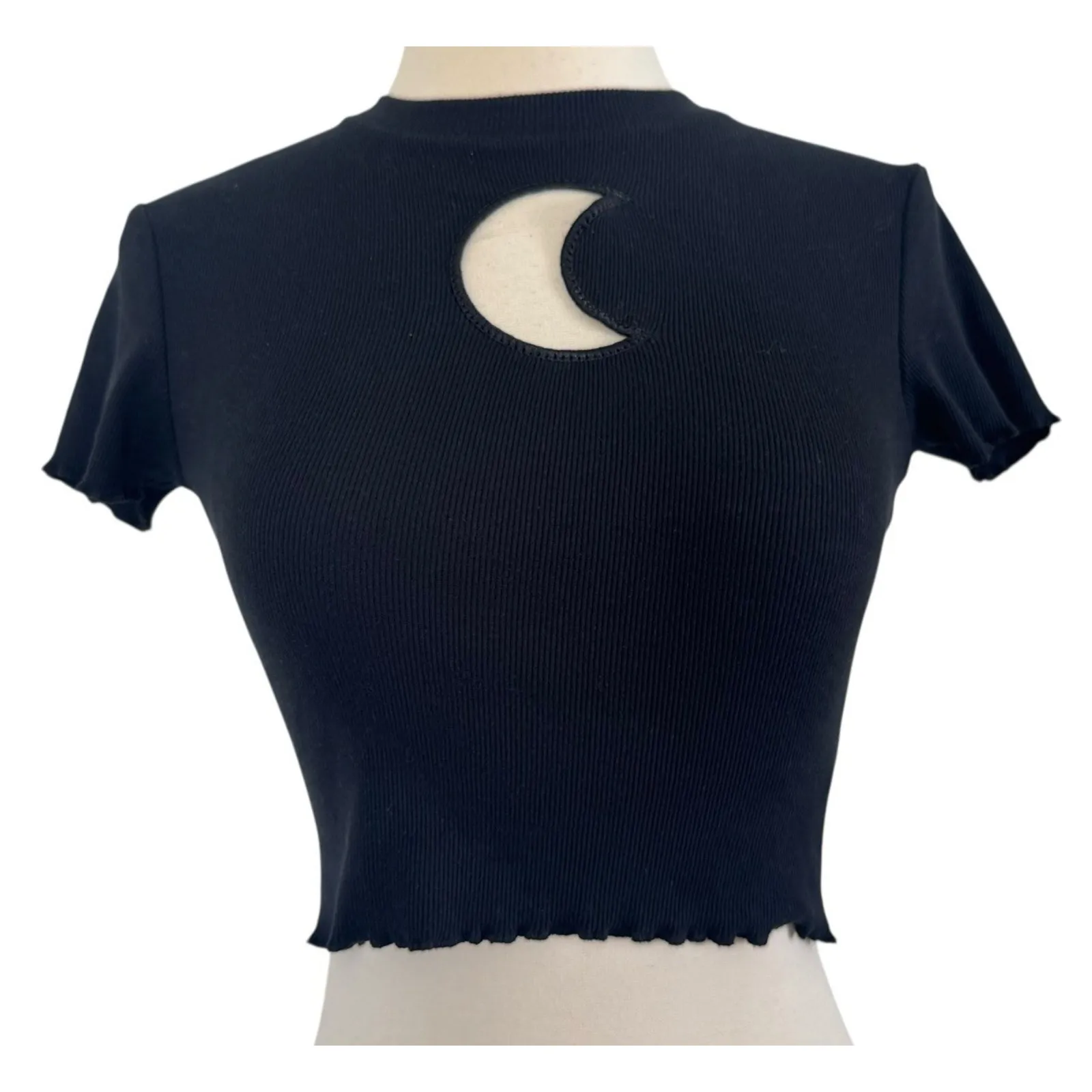 Y2K ALAB Katrina Moon Cutout Black Crop Top Ruffled Hems Whimsical Gothic Sz XS - Image 3