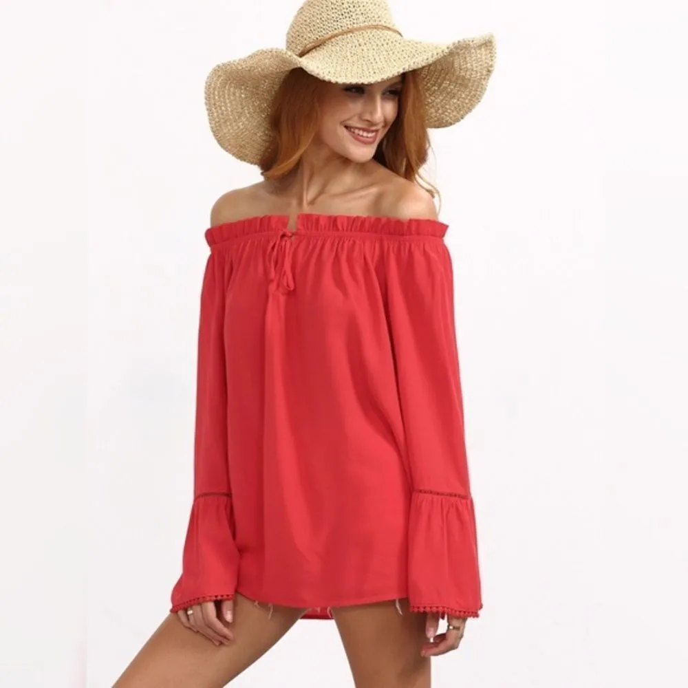 ✨2xHP✨Red Boat Neck Bell Sleeve Tie Ruffle Blouse✨ Pink Size M - Image 2