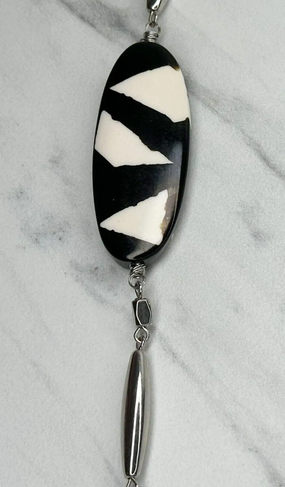 Chicos Black White Geometric Beaded Long Silver Chain Necklace 46" ✨ - Image 8