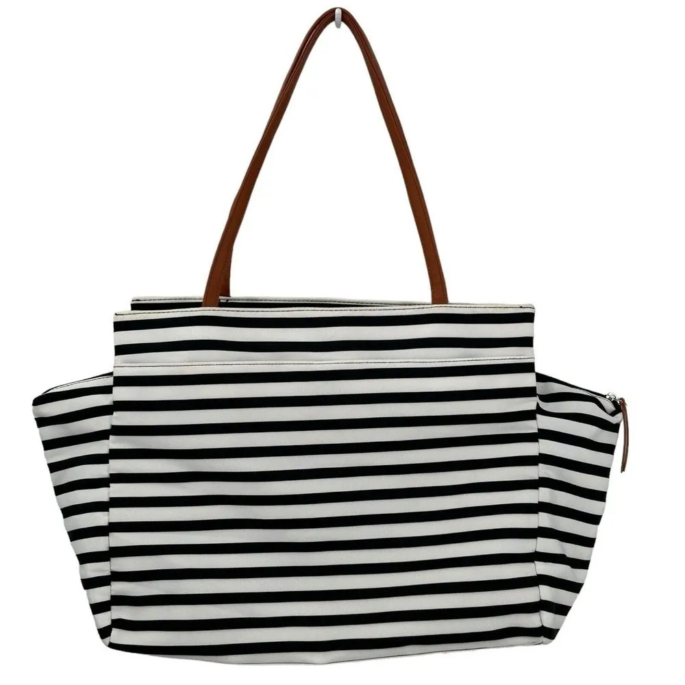 DSW Exclusive-Striped Overnighter Large Tote Bag Black White Canvas Strap Pocket - Image 4