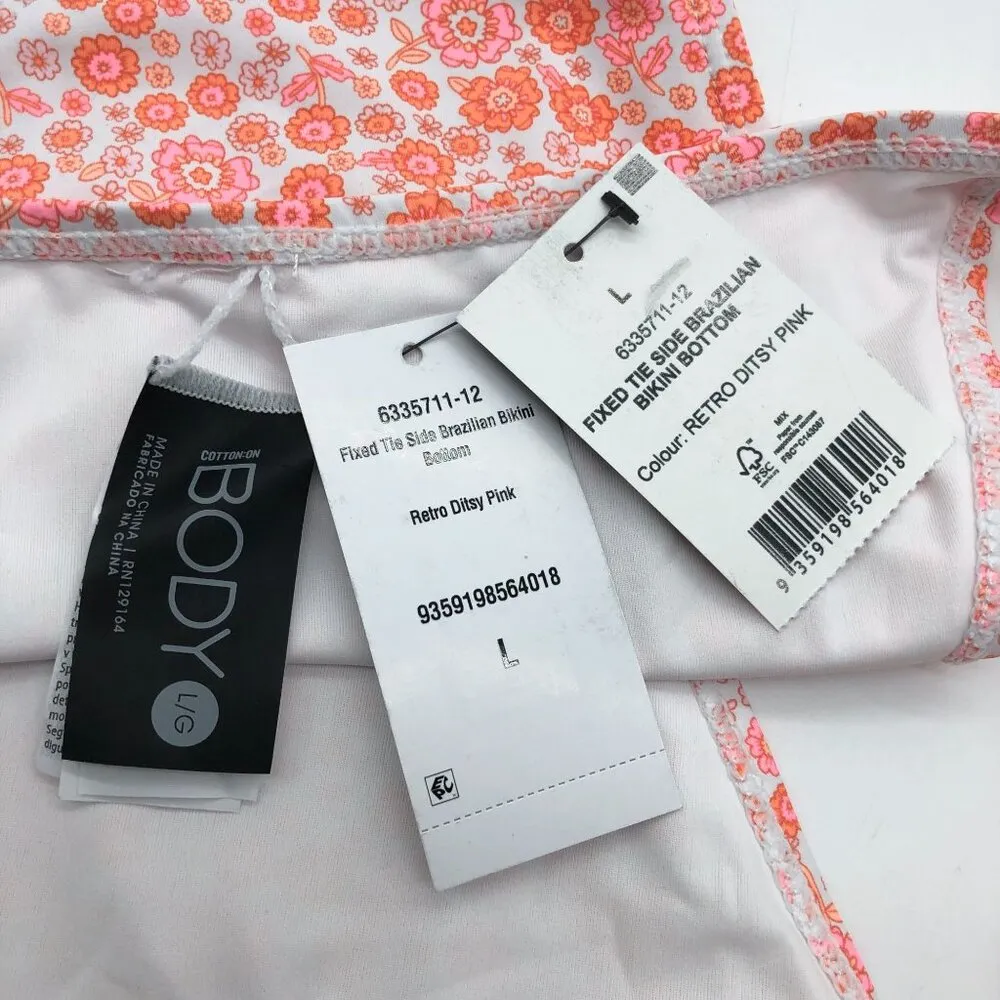 Cotton On Body Fixed Tie Side Brazilian Bikini Bottom Retro Ditsy Floral Pink L - Image 3