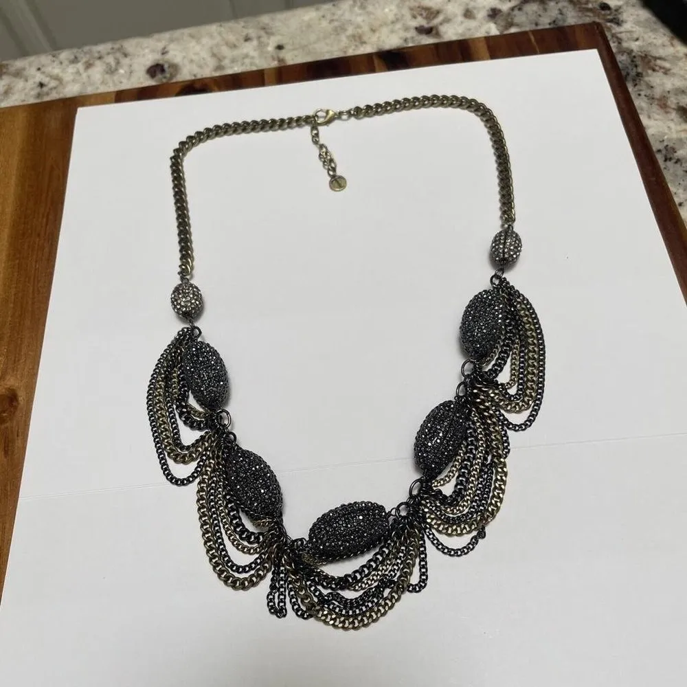 Signed T - Talbots Statement Beaded Costume Necklace Brass & Gunmetal Tone - Image 6