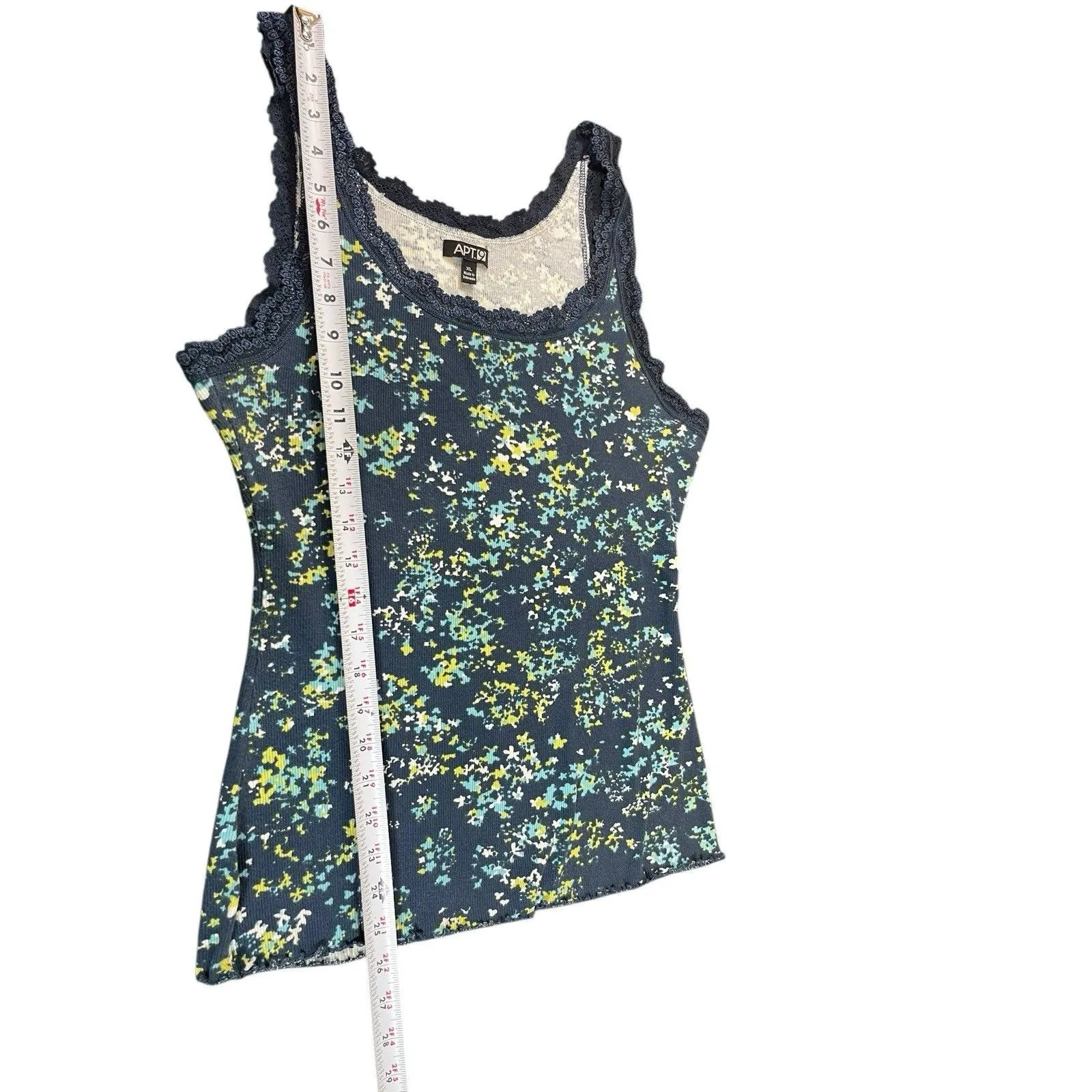 Y2K 90s Ribbed Lace Trim Lettuc Hem Tank Top APT 9 Blue Floral VTG XL - Image 7