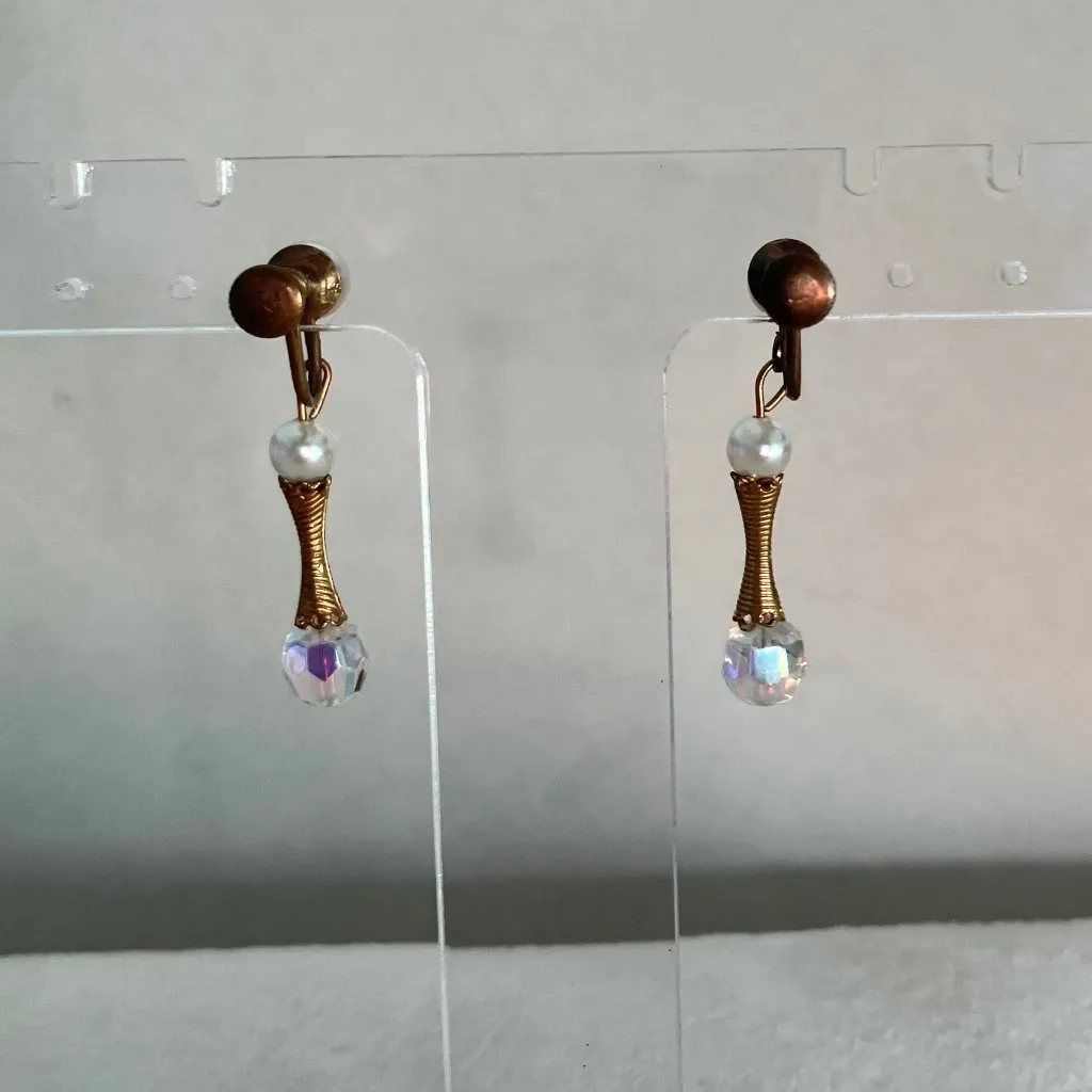 Vintage 60s Gold Tone Faux Pearl AB Crystal Drop Screw Back Clip Earrings Retro - Image 5