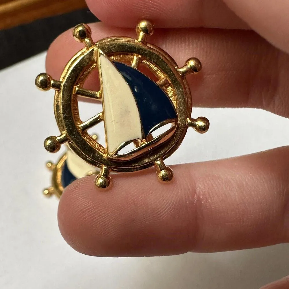 Avon Nautical Clip On Earrings Enamel Sailboat Ship Wheel Gold Tone - Image 4