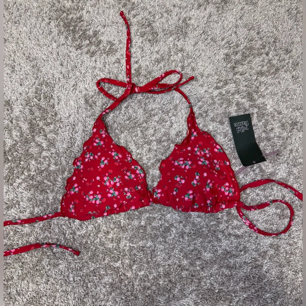 Wild Fable Red and Pink Dainty Floral Triangle Ruffle Bikini Top Size XXS NWT - Image 3