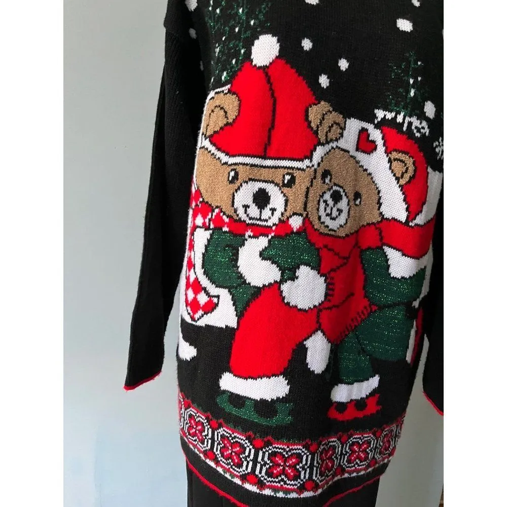 Vtg 80s pair of Christmas teddy bear sweater M ice skating winter holiday cute Blue Size M - Image 2