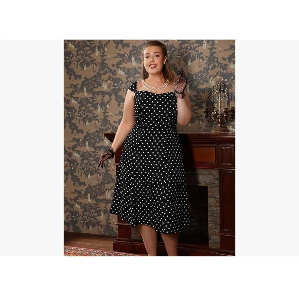 NEW 1950s Dresses Polka Dot Vintage Dress Retro Cap Sleeve Midi Dress XL Blue - Image 4