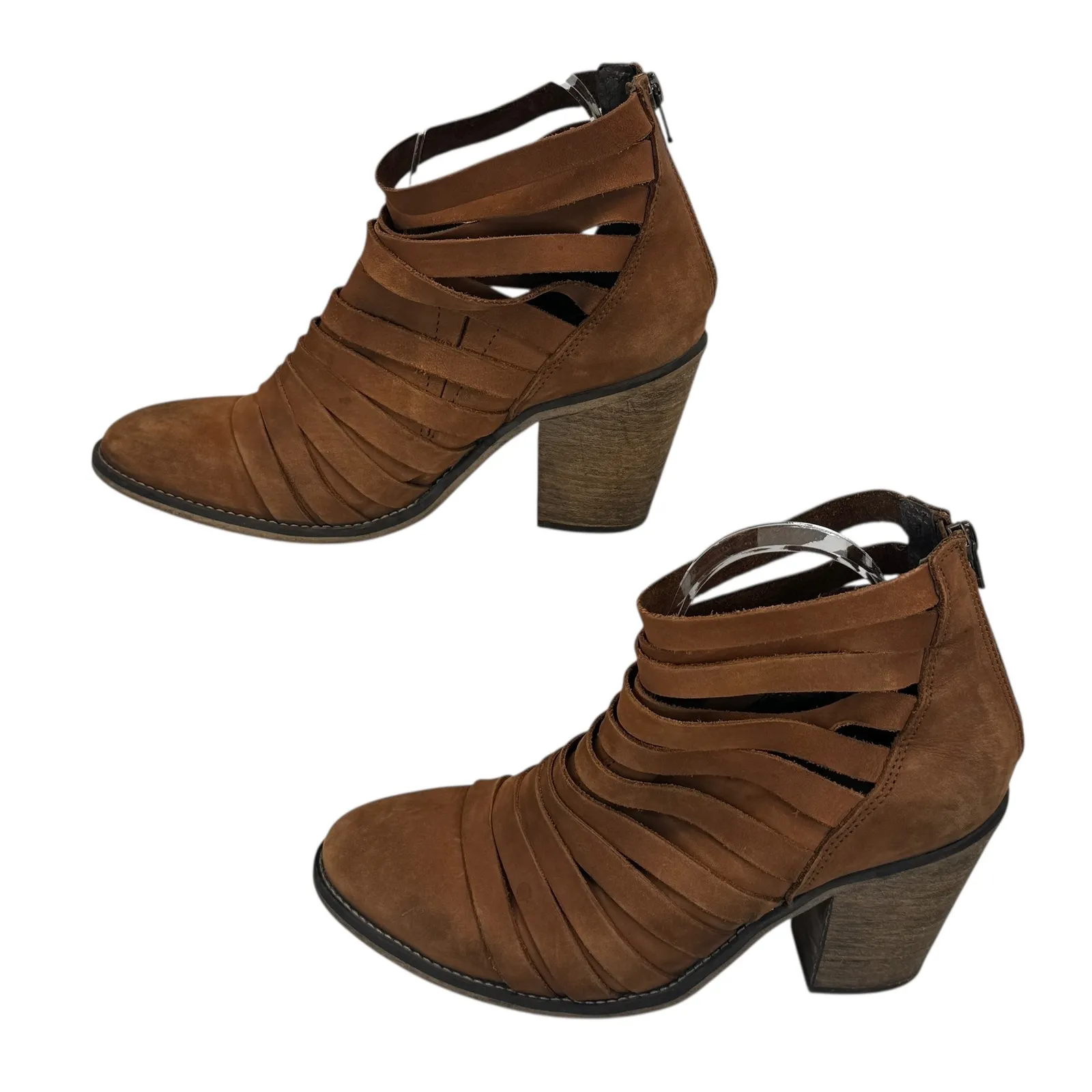 Free People Womens Sz 40 Brown Strappy Leather Cutout Heeled Booties Block Heel - Image 2