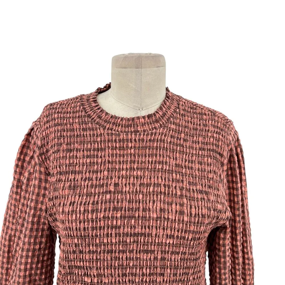 Scotch & Soda Smocked Seersucker‎ Plaid Midi Dress Coral Pink Size XL - Image 4