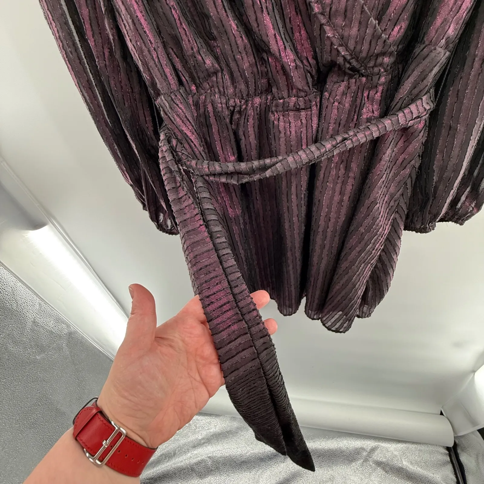 ModCloth 3X Burgundy Metallic‎ Stripe Gauzy Wrap Dress Long Sleeve Tie Waist - Image 3