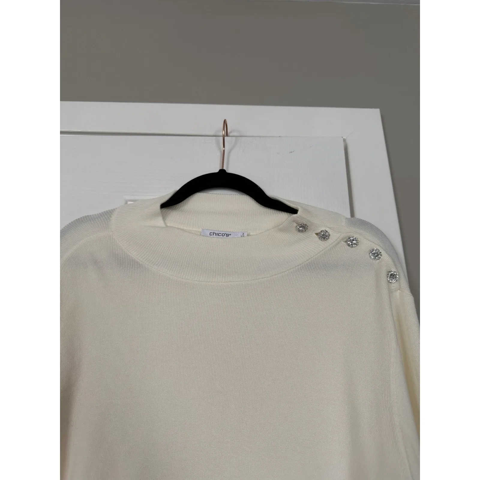 Chicos Rhinestone Bling Shoulder Detail Cream White Sweater Cozy Holidays NWT - Image 6