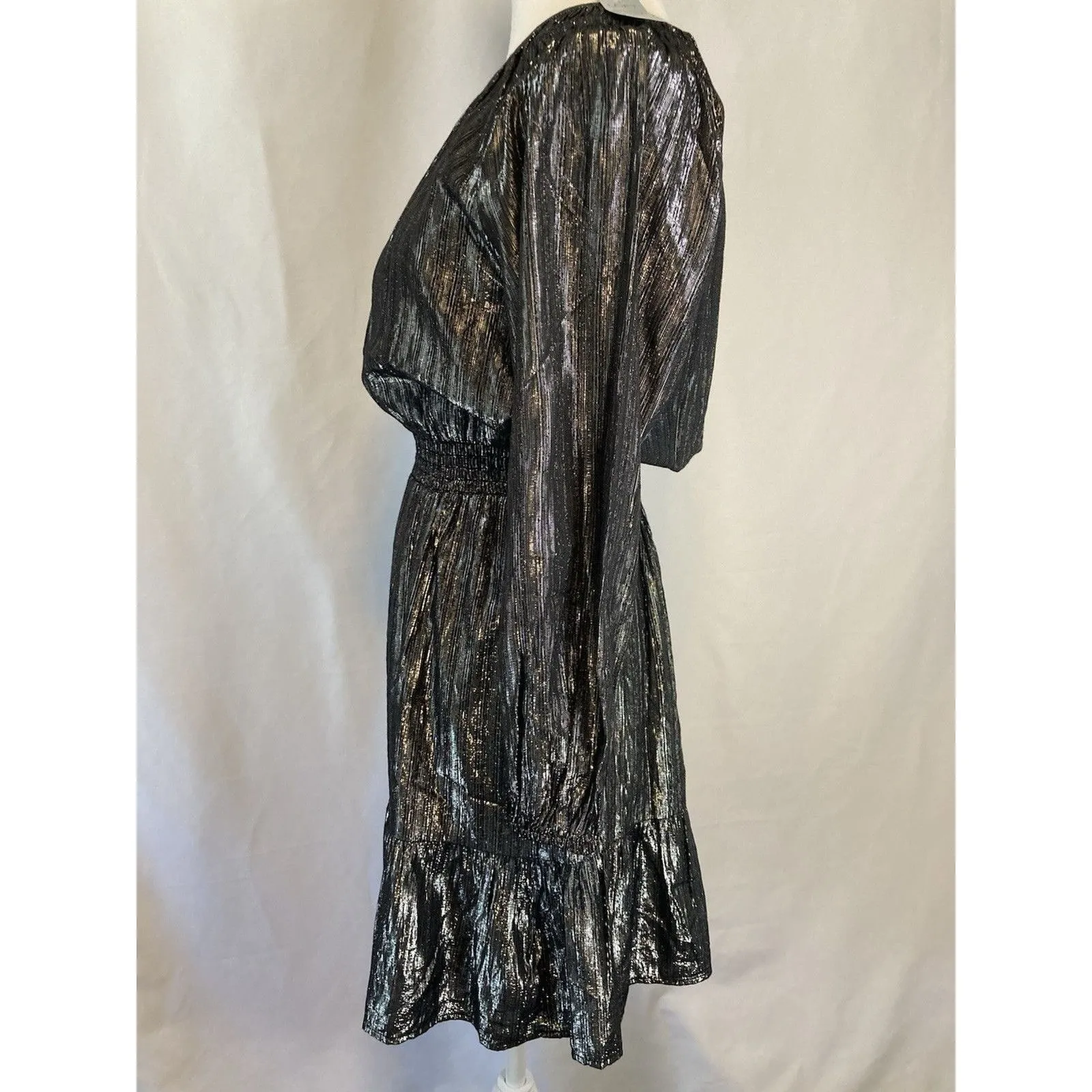 LOFT Dress Black Metallic Acubi Goth XSP Smocked Waist Puff Sleeve Mini NYE NEW - Image 11