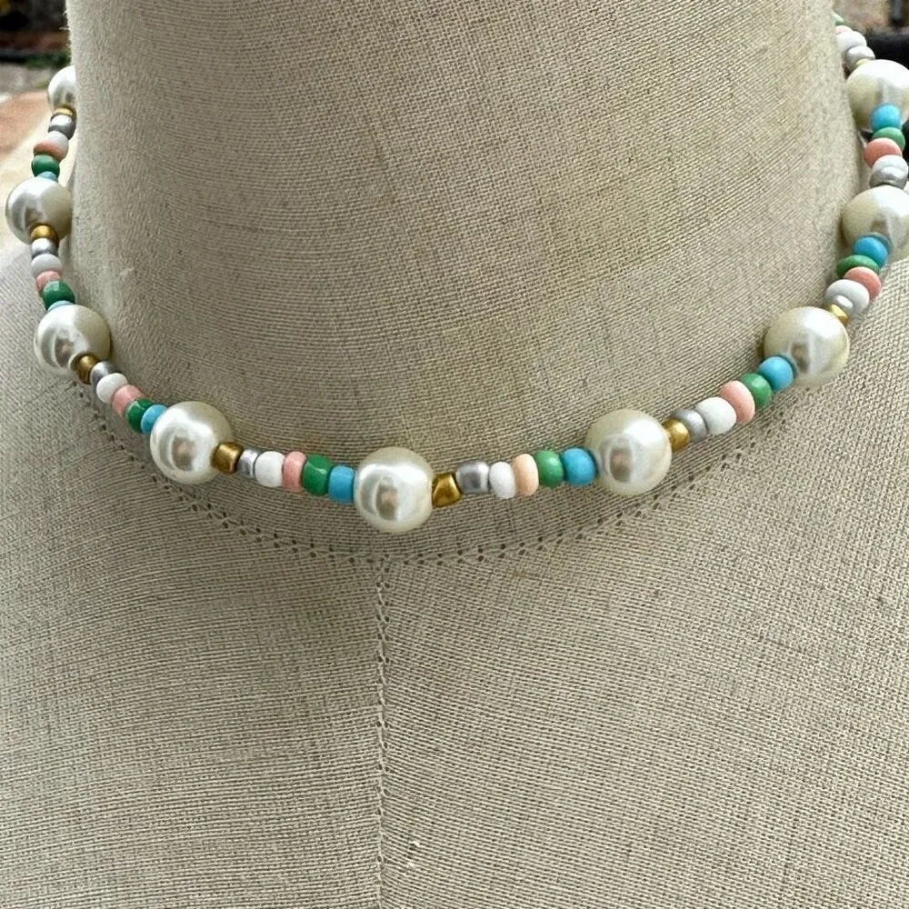 Faux pearl colorful beaded choker necklace - Image 2