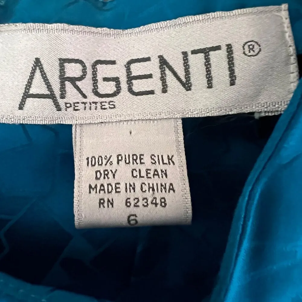 Vintage 1980s Argenti Petites 100% Silk Midi Dress Long Sleeve Teal Geo Size 6 Blue - Image 7