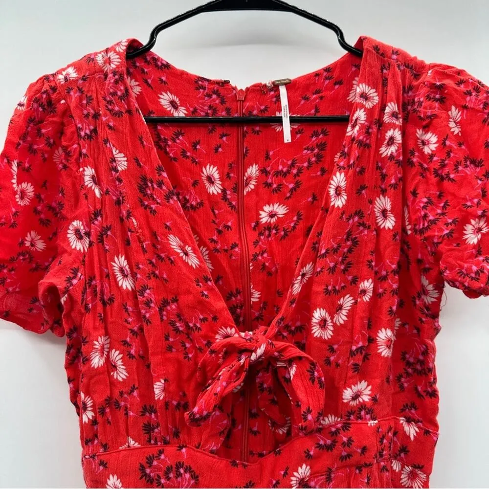Free People Jinx Red &‎ White Floral Print Cut Out Tie Front Romper Dress Size 4 - Image 4
