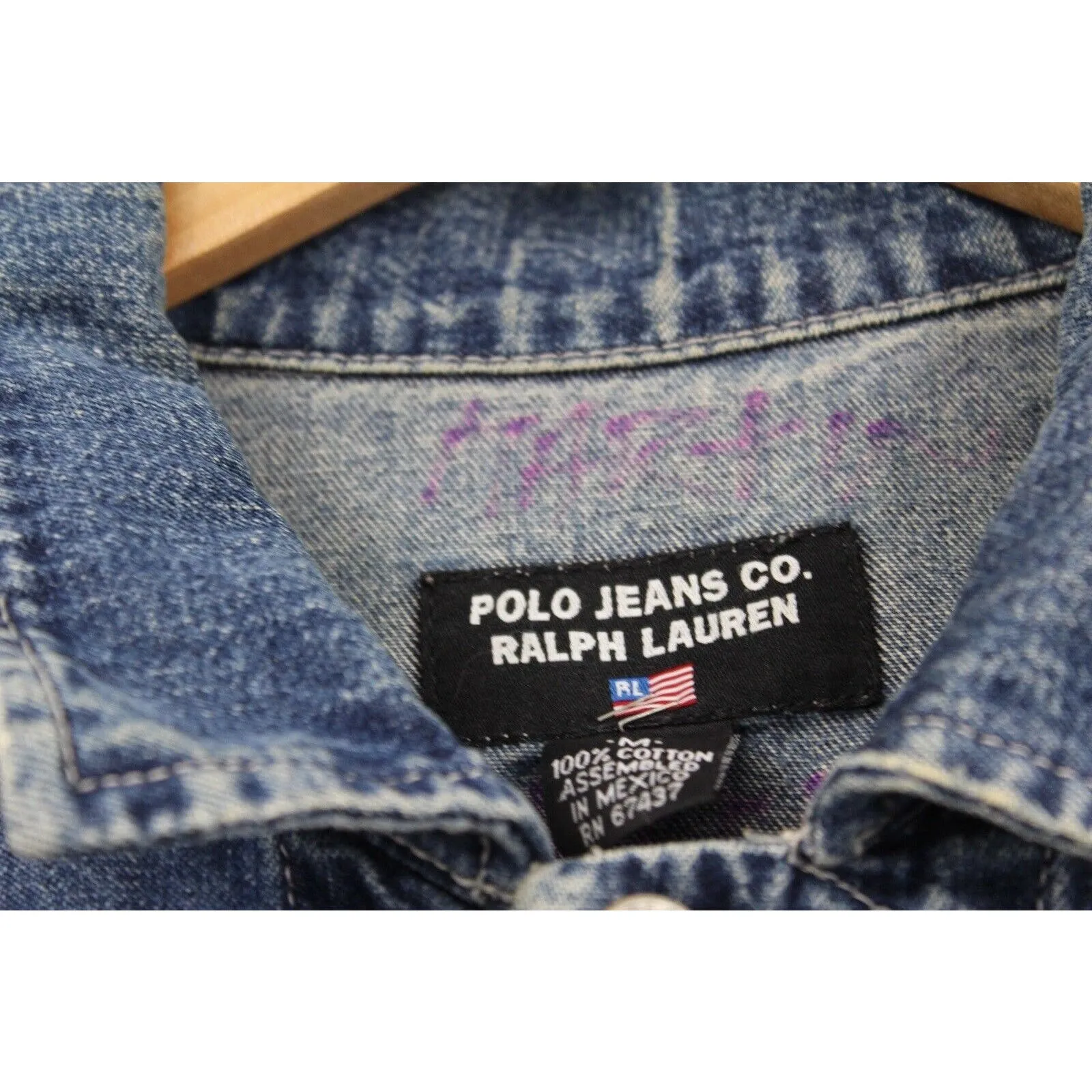 Vintage Polo Jean Company‎ Denim Full Button Down Pockets Patch Blue Size Medium - Image 7