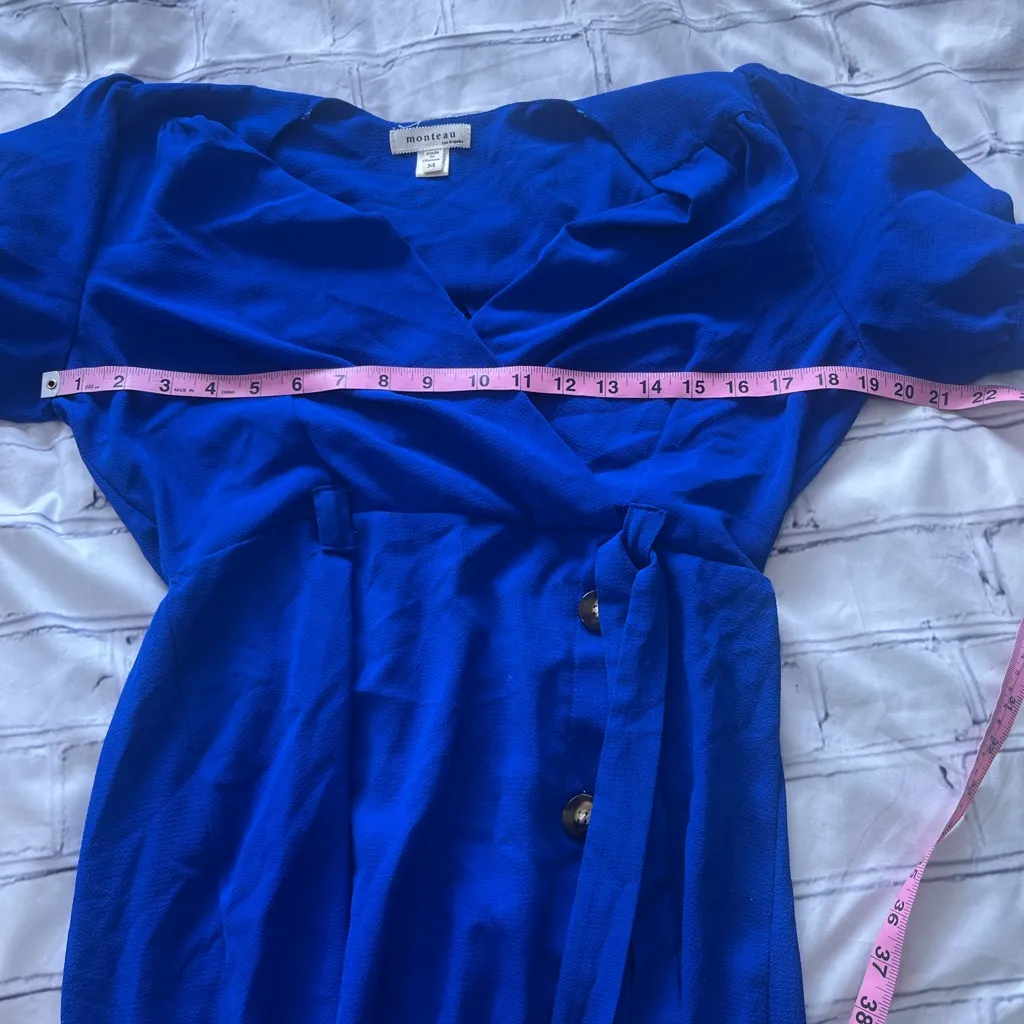 Monteau Royal Blue Wrap Dress Short Sleeve Button Front Tie Waist Women’s M - Image 12