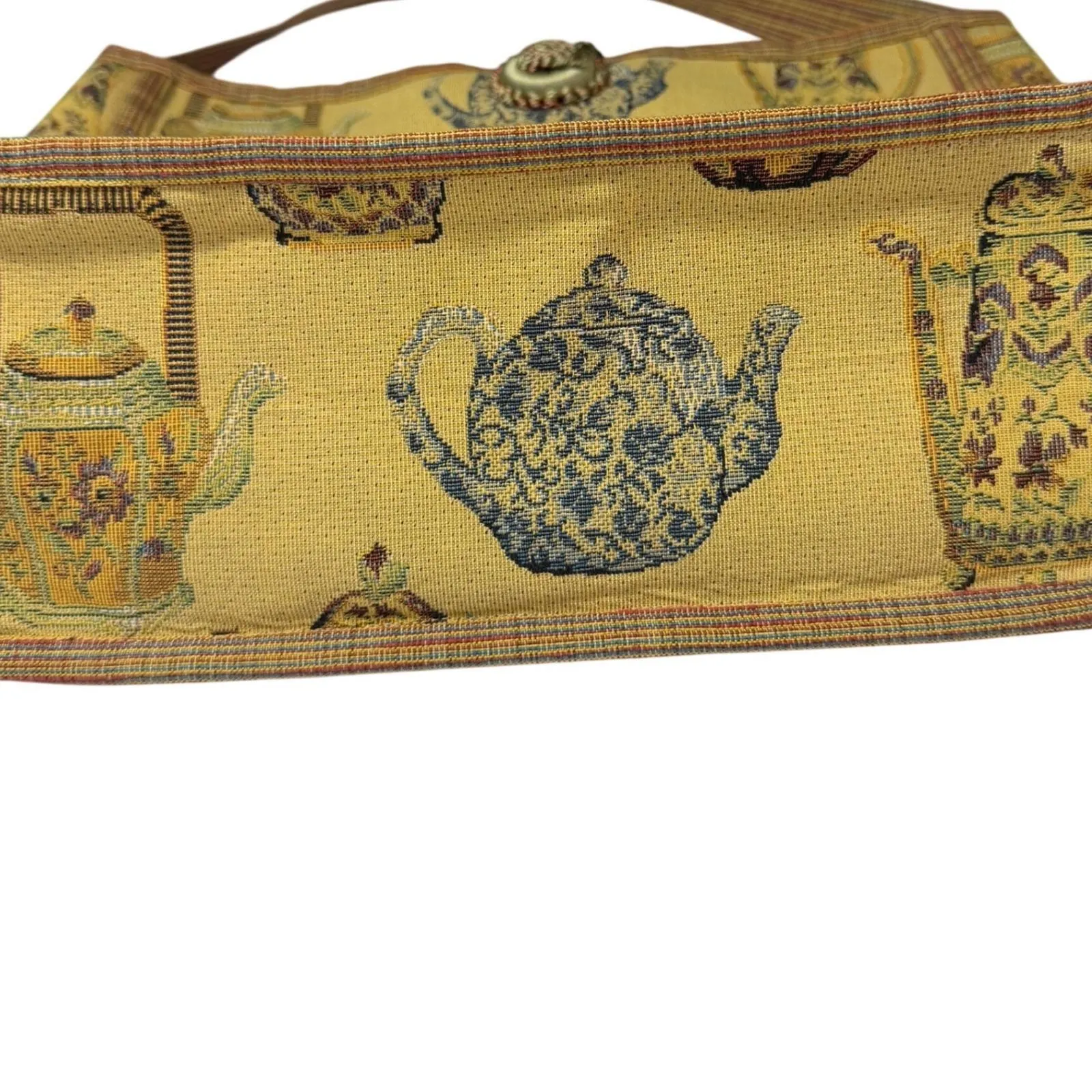 Handmade Vintage Tapestry Tote Bag Teapot Motif Fabric Gold Purse w Tassel - Image 14
