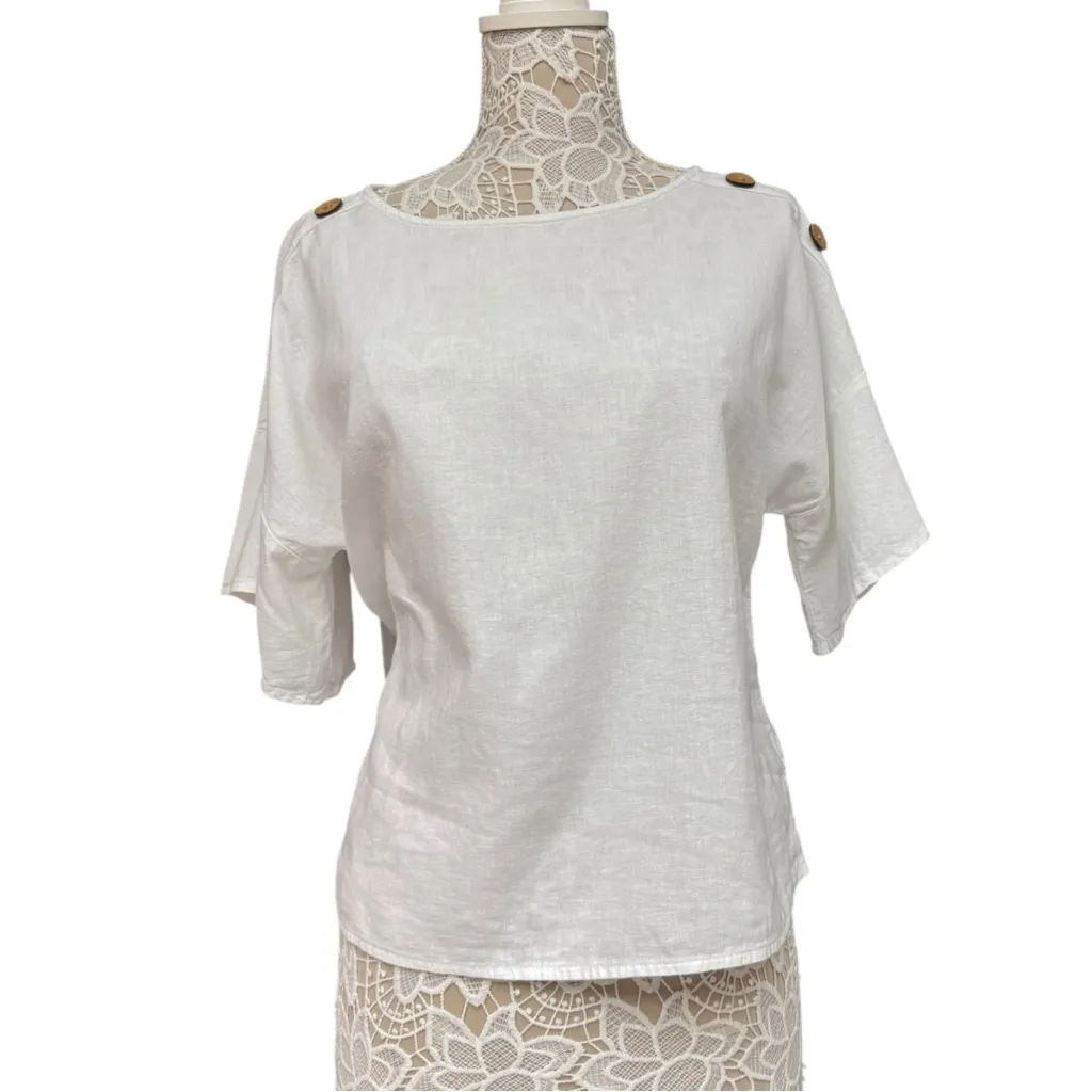 Soft Surroundings White Linen Blend Button Shoulder Top PM Petite Medium NWOT - Image 3