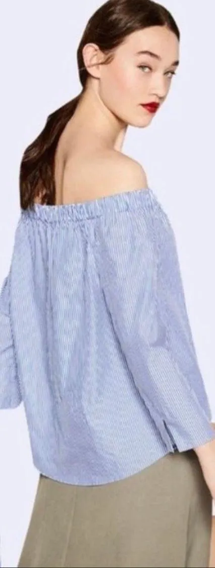 Blue Striped Off The Shoulder Poplin Top Size XS - Image 2