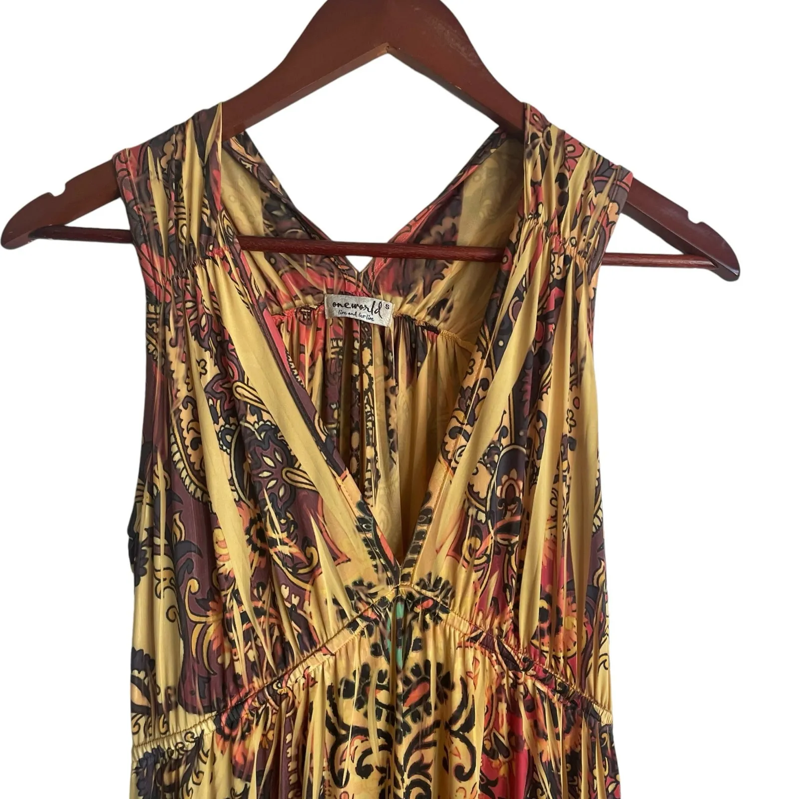 One World Women Maxi Dress S Yellow Batik Print Retro Style Boho Jersey Stretch‎ - Image 3
