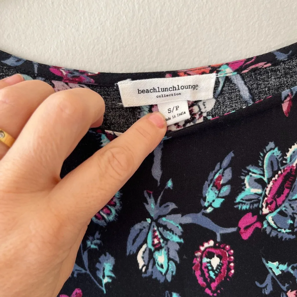 Sz S Pullover Black Floral Midi Dress Casual Boho Chic Loose Fit Belted - Image 2