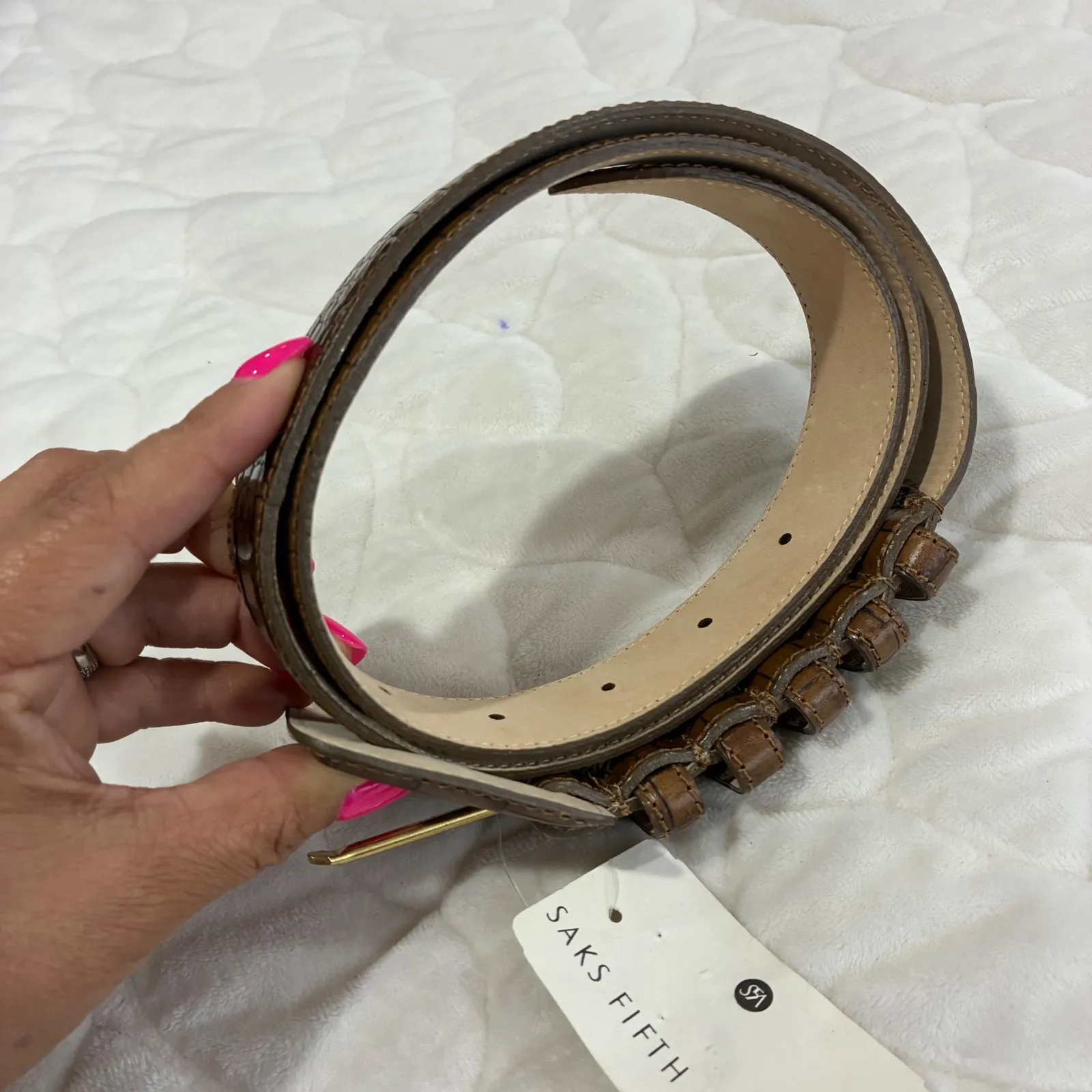 Saks Fifth Avenue Ellen Tracy Brown Croc Embossed Leather Belt Luxury Size‎ M - Image 5