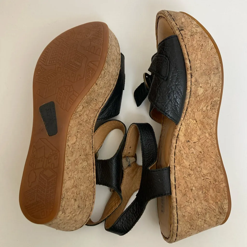 Born Black Leather Platform Buckle & Ankle Strap Cork Wedge Sandal Size 8 - Image 9
