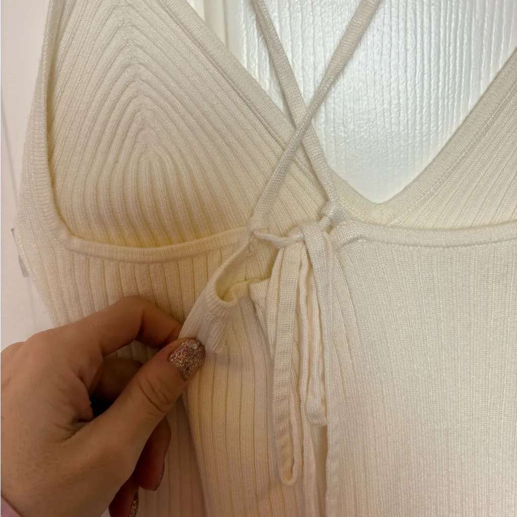 Abercrombie & Fitch Cream Ribbed Plunge Bodysuit Y2K Minimalist Medium - Image 6