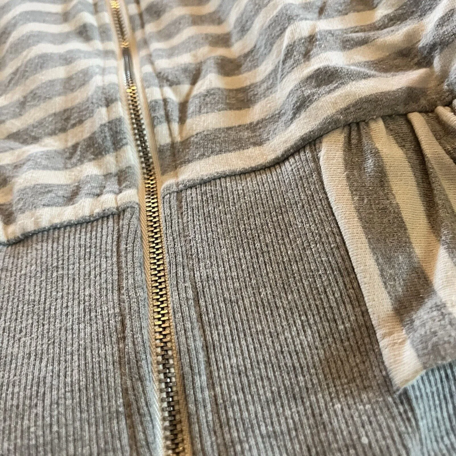 Saturday Sunday Ruffle Striped Full Zip Hoodie Gray Cream Size Small EUC - Image 3