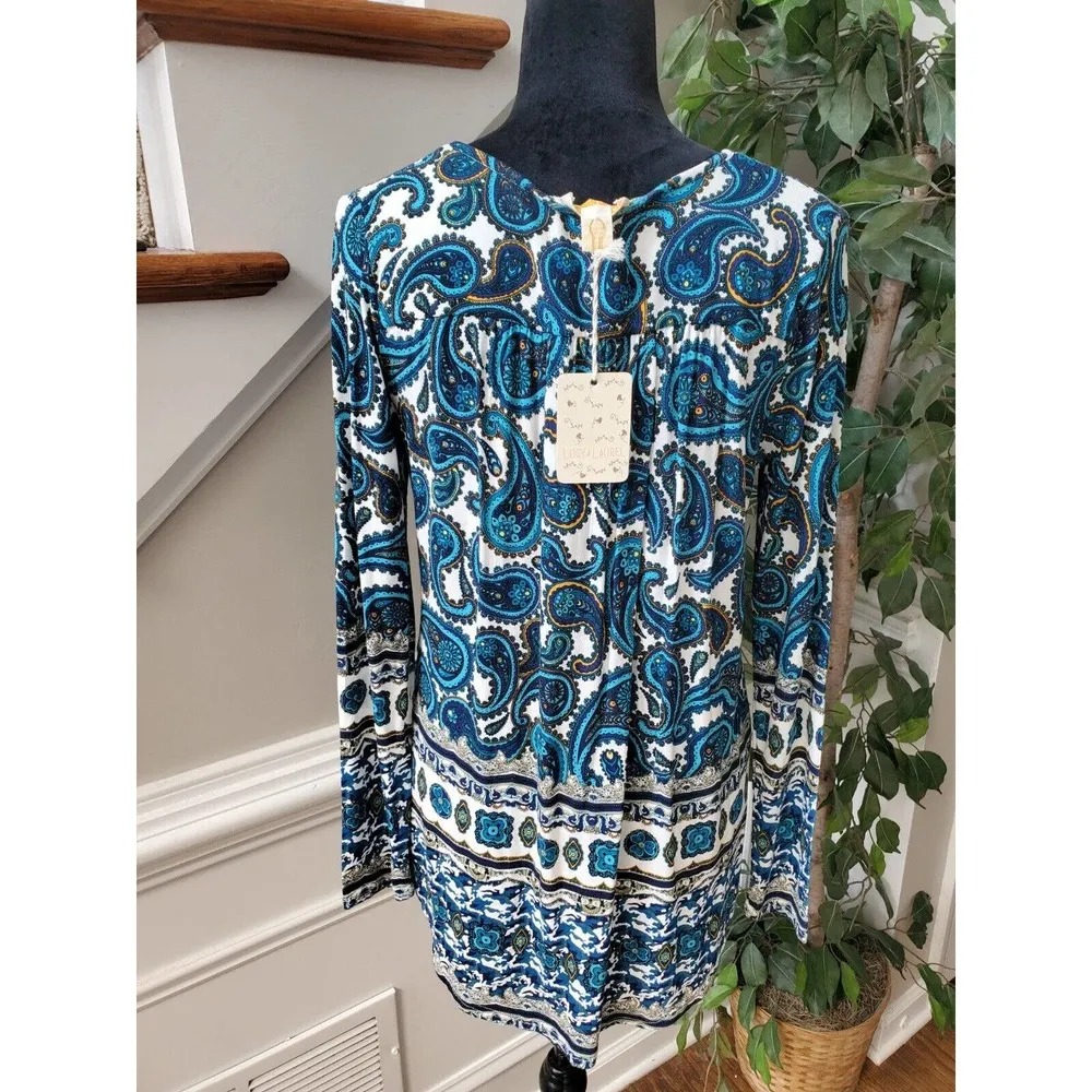 Lucy & Laurel Women's Blue Paisley Print Long Sleeve V Neck Top Blouse Medium - Image 8